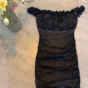 Selfie Leslie Black Ruched Mini Dress with off shoulder straps